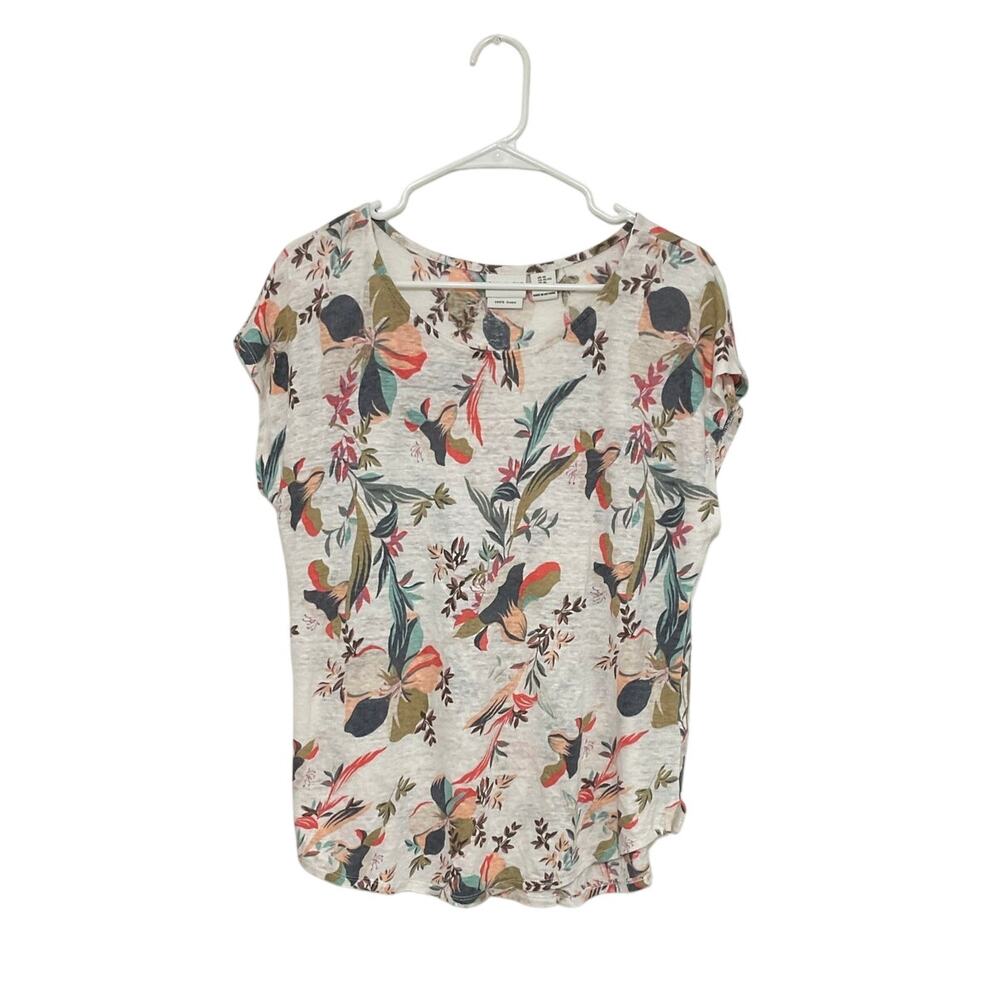 Rachel Zoe Linen Floral Top Sz X-Large Short Sleeve Lightweight Blouse Tropical